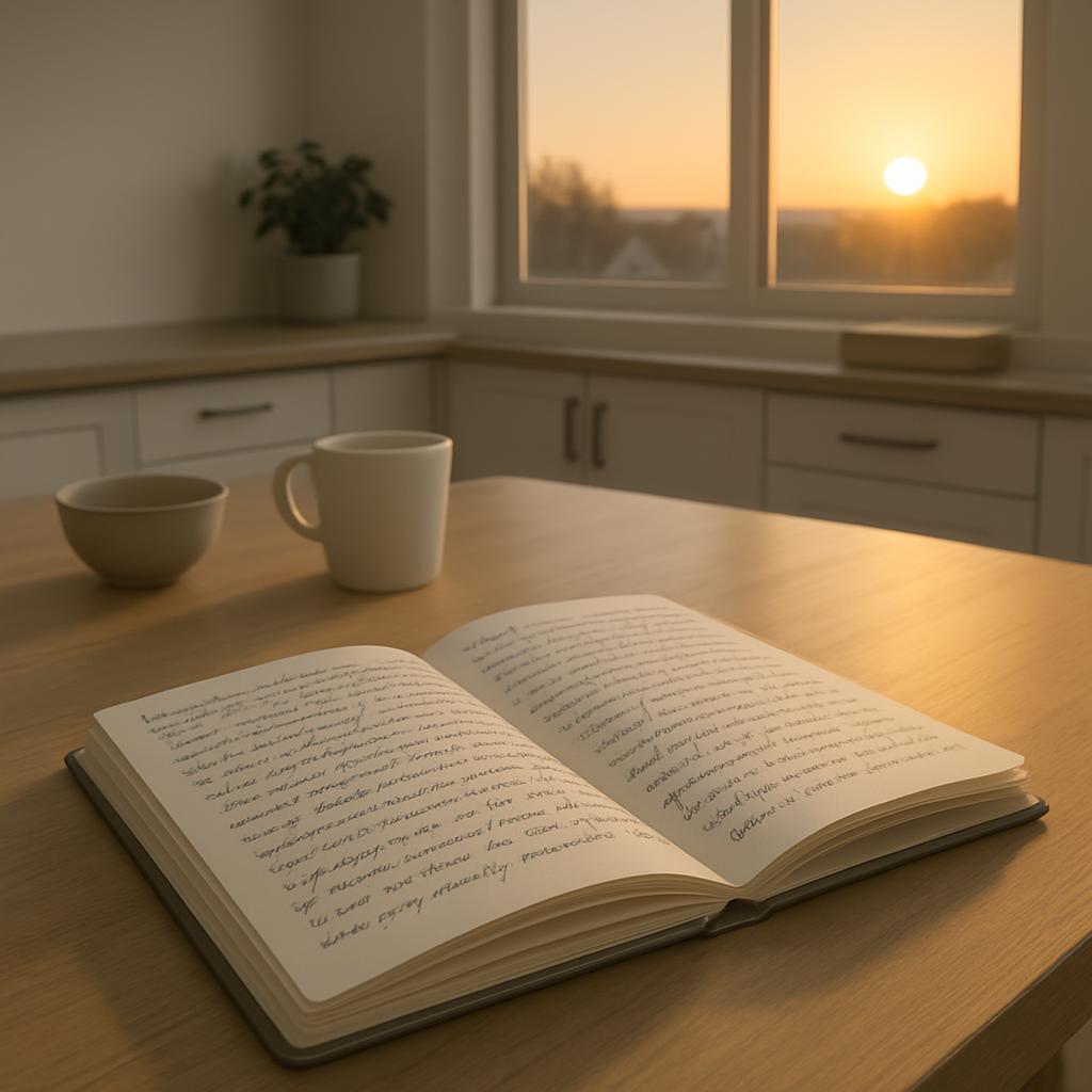 Sunset view from a window in a kitchen with white cabinets, a matching countertop and wooden L table surface with open not...