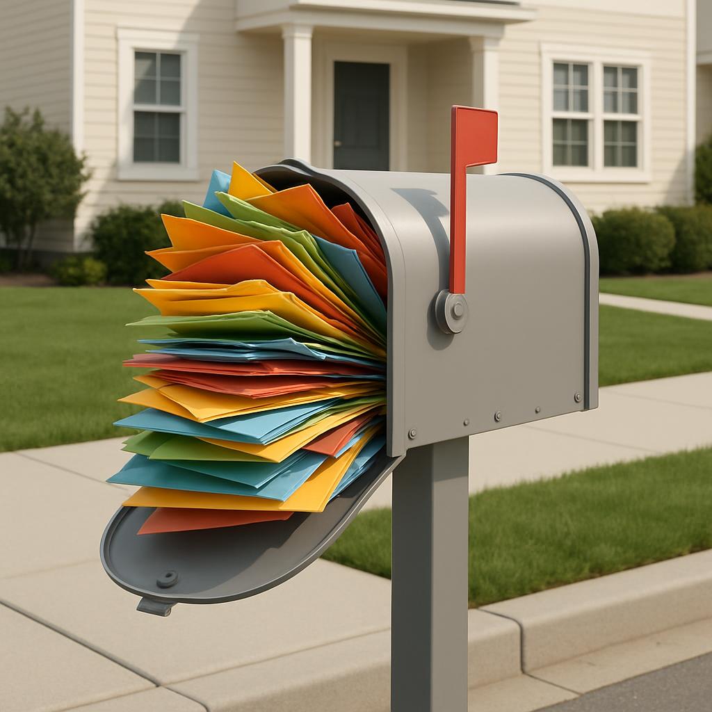 A mailbox filled with colorful envelopes.