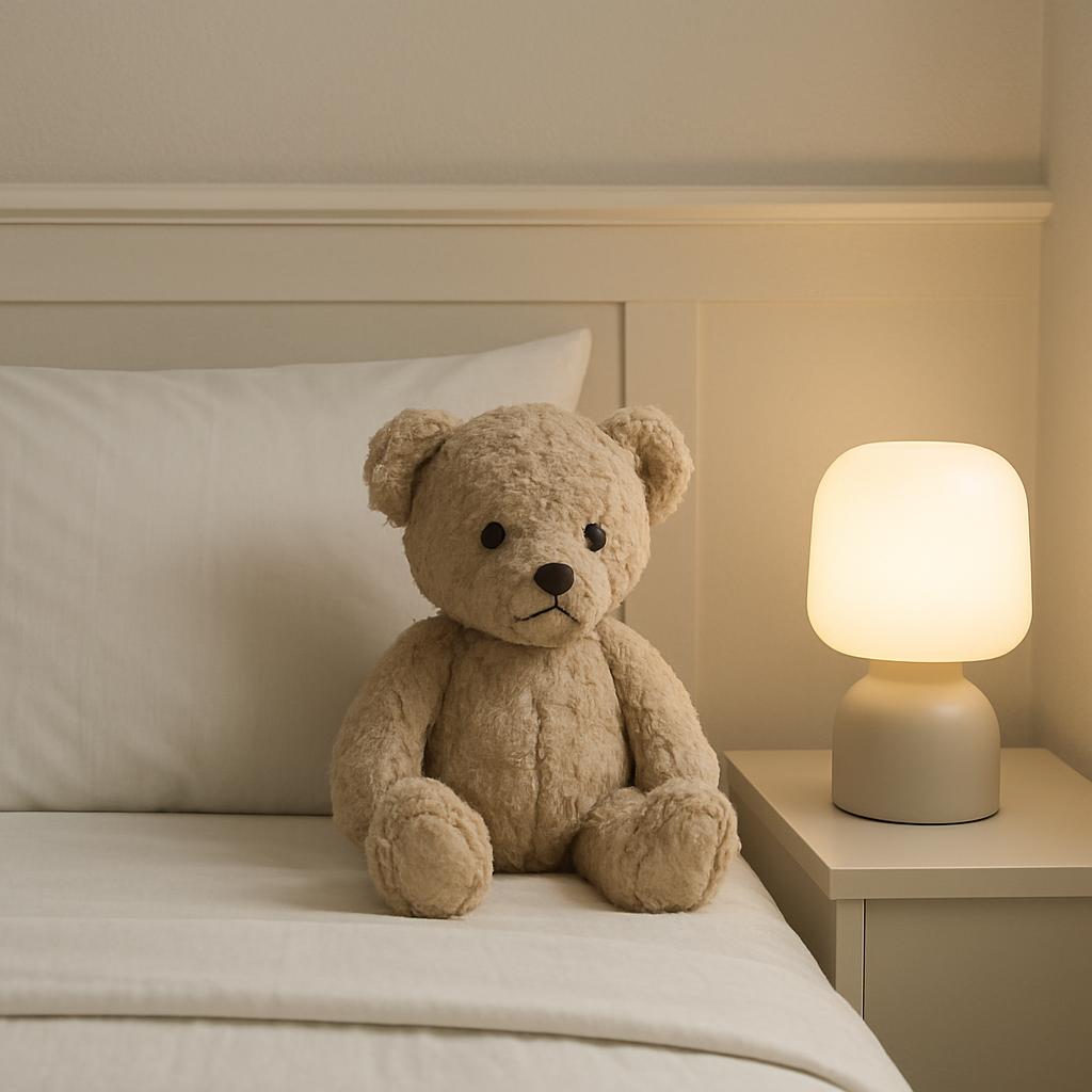 A teddy bear sitting on a bed next to a nightstand with a lamp.