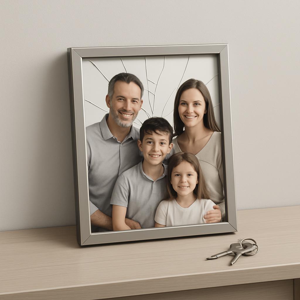 A broken family photo frame featuring a smiling family with a gray, overcast background and a key-laden table.